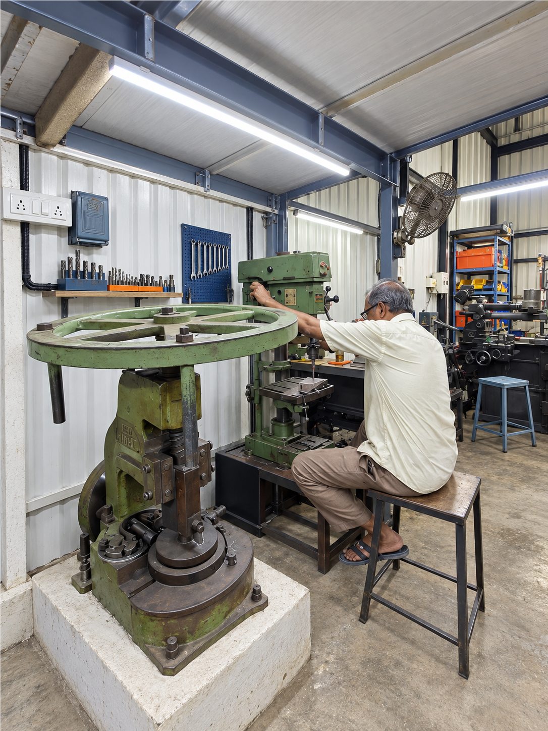 Manual press and drilling equipment in the Shrastra Dynamics workshop